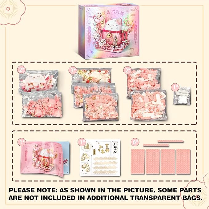 Lucky Cat Building Block Set, Compatible with Lego Cat, 868Pcs Cute Fortune Cat with Flowers Building Blocks, Christmas Birthday Creative Gift for Girls Boys Adult (Pink Cat)