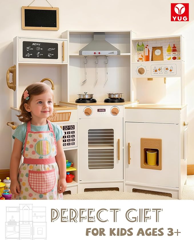 YUG Kids Play Kitchen Set with Real Lights & Sounds Toddler Kitchen Playset Including Stove, Oven, Ice Maker, Range Hood, Corner Pretend Kitchen Toy for Boys Girls Ages 3+, ASTM CPSIA Compliant