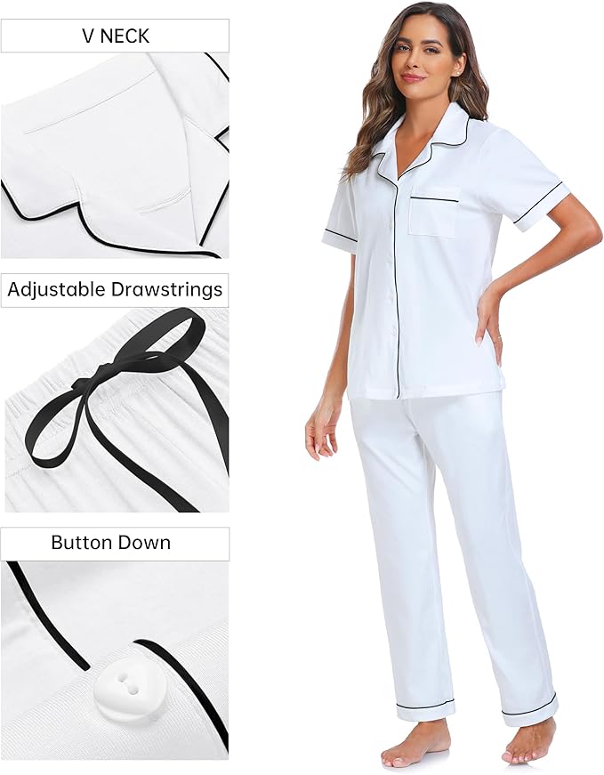 CF Womens 100% Cotton Pajamas Set Button Down Pjs Sets Short Sleeve Top & Long Pants Sleepwear Comfy Loungewear with Pockets