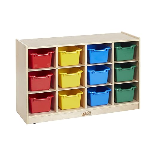 ECR4Kids 12 Cubby Mobile Tray Cabinet with 15 Scoop Front Storage Bins, 3x4, Natural, Classroom Furniture, Assorted