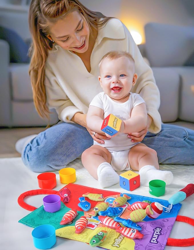 Montessori Toys for 1 Year Old, Cloth Fishing Game with Stacking Cups 24 Pcs for Toddlers 1 2 3, Sensory Toys for Kids Baby Shower Birthday Easter Gifts for 6-12 Months Girls Boys
