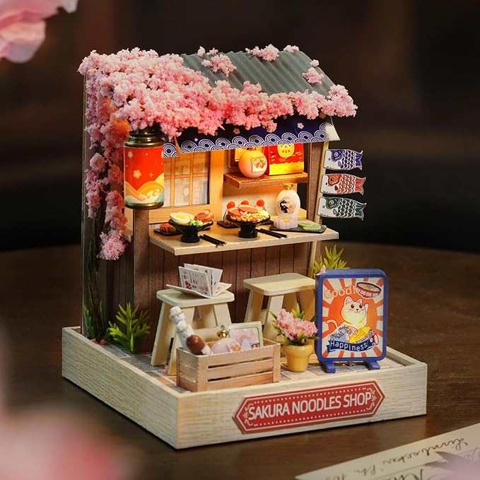TuKIIE DIY Miniature Dollhouse Kit with Furniture, 1:24 Scale Creative Room Mini Wooden Doll House Plus Dust Proof for Kids Teens Adults(Sakura Noodles Shop)