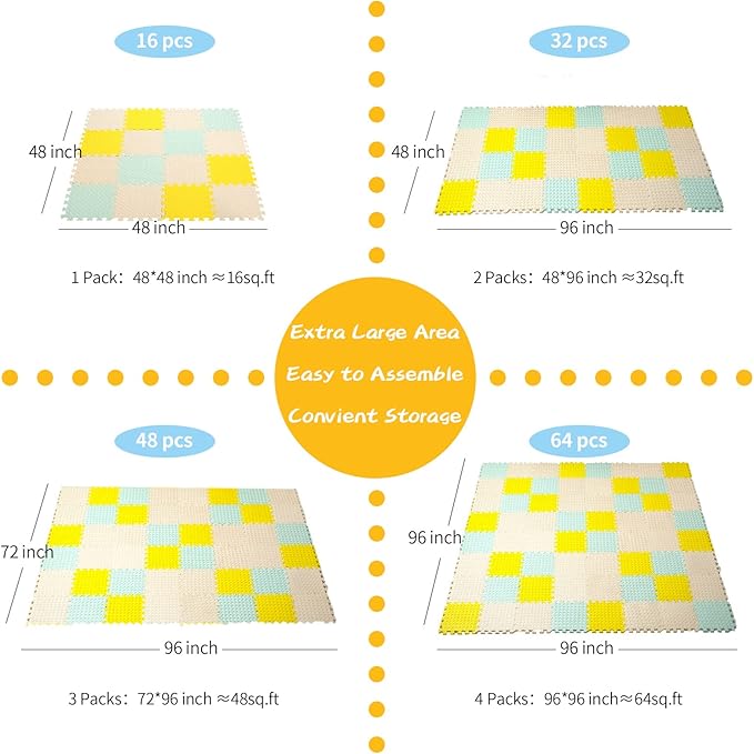 Foam Floor Mats for Kids, 12 x 12 Inch 16 Tiles 0.4" Thickness Foam Play Mat, Non-Toxic Square Interlocking Floor Mats Rubber Baby Play Mat for Toddlers(Beige/Yellow/Bean Green)