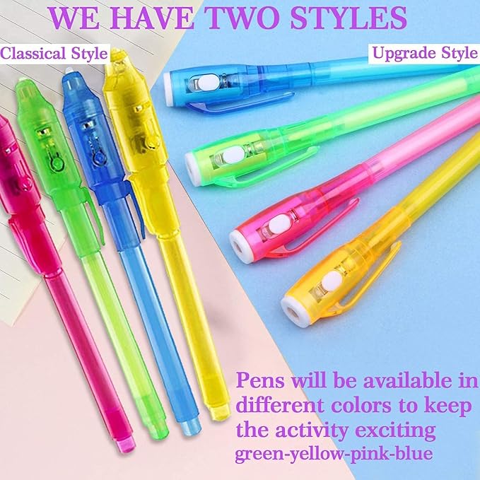 iGeeKid 24 Pack 2 Style Invisible Ink Pen with UV Black Light Party Favor for Kids 8 12 Secret Spy Pens Magic Disappearing Ink Markers Clasroom Prize Birthday Gifts Halloween Goodie Bags Stuffers