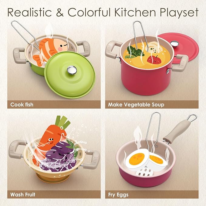 Golray Play Kitchen Accessories, Kids Kitchen Playset Pretend Cookware Including Pots and Pans Set, Cooking Utensils, Organizer, Condiments, Apron & Gloves, Birthday Gifts for Girls Boys Toddlers