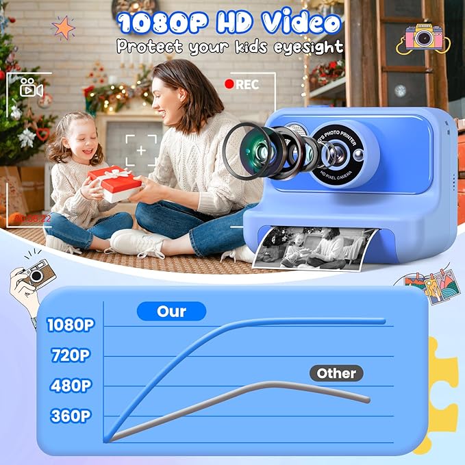 Kids Camera Instant Print, Christmas Birthday Gifts for Girls and Boys, Kids Camera with 32GB Card, Toddler Toy Camera for 3-12 Years Old, Blue
