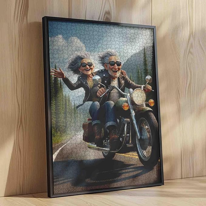 Elderly Couple Riding Motorcycle Jigsaw Puzzle 1000 Pieces for Adults Students Fun Road Trip Jigsaw for Relaxation Home Decor Challenge Puzzles Gift 20×27 Inch Brain Game for Seniors Family Activity