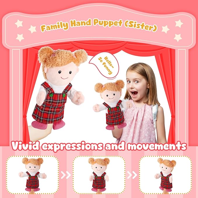 1 Pcs Family Hand Puppets 13 Inch Grandparents, Mom & Dad, Brother & Sister Plush Hand Puppet Toys Role-Play Toy Puppets for Kids Storytelling Imaginative Pretend Play Teaching Preschool(Sister A)