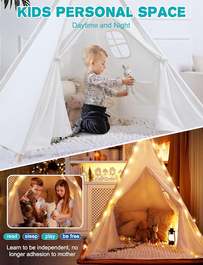 Sumbababy Teepee Tent for Kids Tipi Tent Indoor - Cotton Canvas Kid Tents for Inside with Light & Flag- Foldable Toddler Play Tents for Girls & Boys Slumber Party - Washable Boho Play House Gift Toys