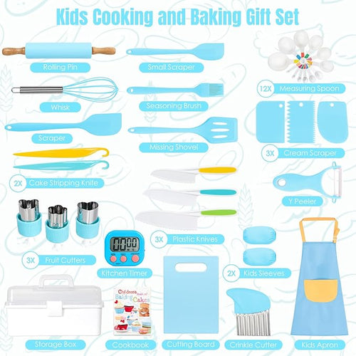 37PCS Kids Cooking Sets Real, Kids Cooking and Baking Gift Set with Storage Case Timer Kid Safe Knives Cutting Board, Toddler Real Kitchen Accessories, Birthday Gifts for Girls Boys Age 4 - 8