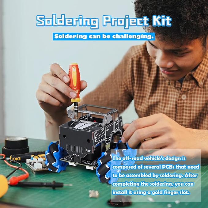 PEMENOL DIY Soldering Robot Car Kit for Teens Aged 15+, Mecanum Wheels 360° Omnidirectional Movement, Dual Remote & WiFi Control, STEM Electronics Project Present for Students & Hobbyists