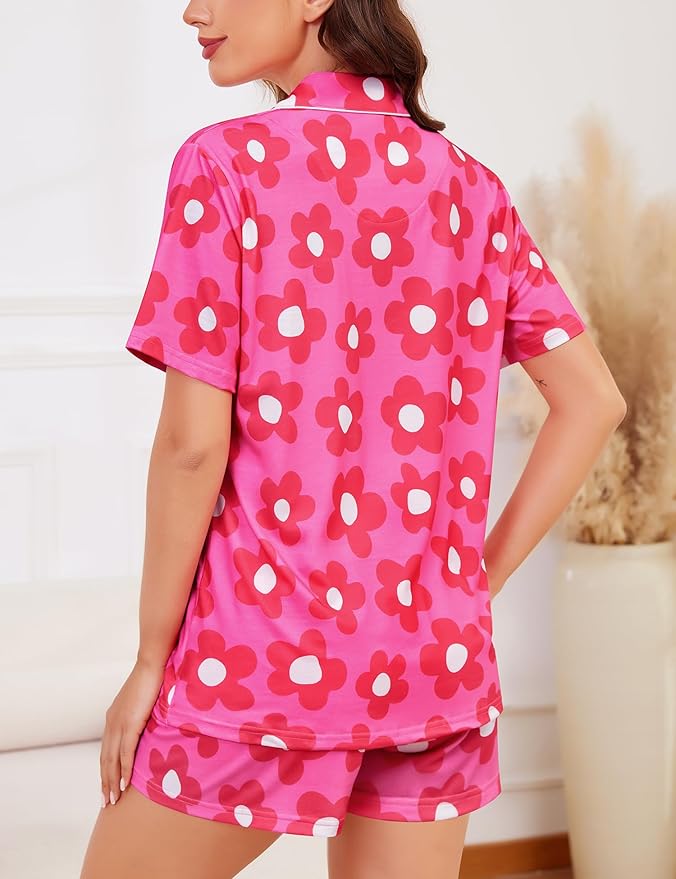 SWOMOG Womens Button Down Pajamas Set Short Sleeve Sleepwear Bride Soft Pj Lounge Sets XS-3XL