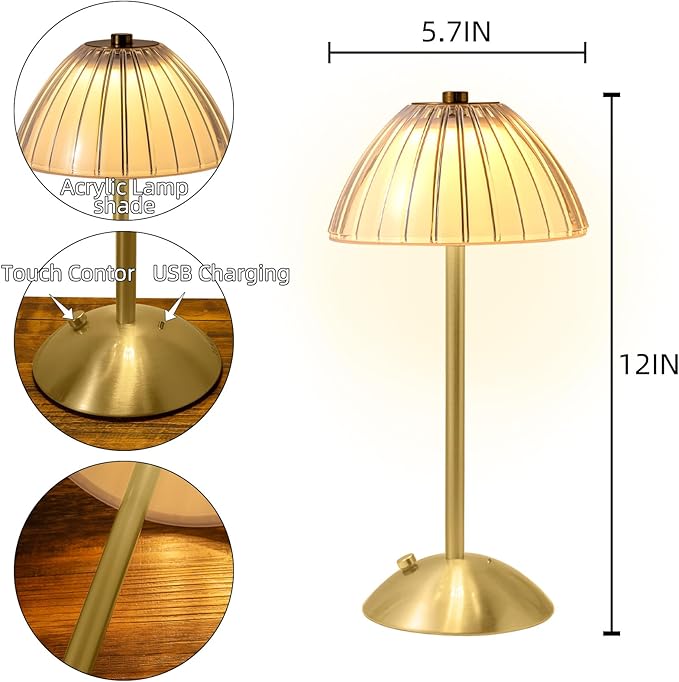 Portable Battery Operated LED Table Lamp with Touch Sensor, Gold Cordless Brass Rechargeable Lamp, Bedside/Night Light/Restaurant Table/Outdoor/Coffee/Bar (Mushroom Lamp)