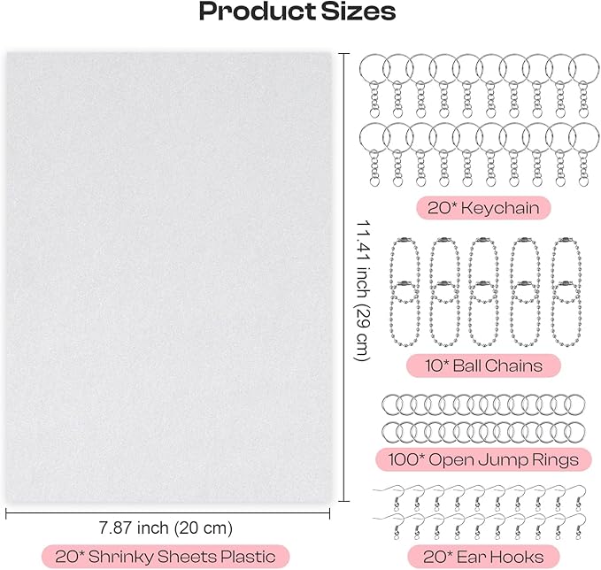 Auihiay 170PCS Shrinky Art Kit for DIY Keychain Making, Shrink Dink Paper Kit with 20PCS Big Size Shrinky Plastic Sheets and Keychains, for Halloween & Christmas Ornament （7.87 x11.4inch/20x29cm）