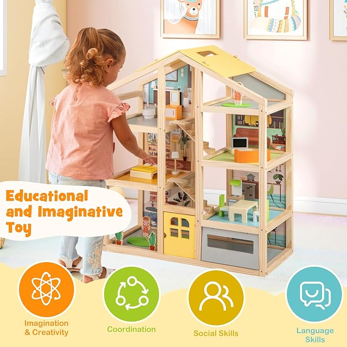 HONEY JOY Doll House, Wooden Dollhouse Playset w/7 Rooms, 21 Accessories & Miniature Furniture, Pretend Play Toys Kit, 2.46 Feet Big Doll House, Christmas Birthday Gift for Girls Boys Age 3+