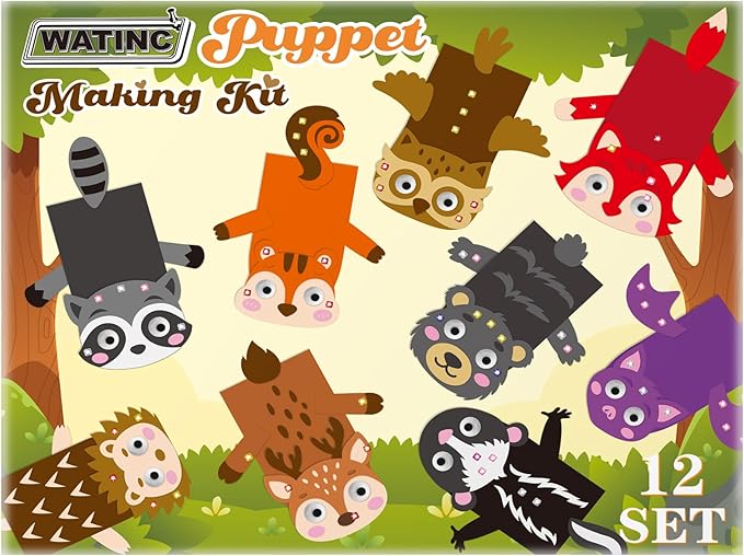 WATINC 12Pcs Hand Puppet Making Kit, Art Craft Felt Sock Puppet Toys, Creative DIY Make Your Own Pompoms Wiggle Googly Eyes Storytelling Role Play Party Supplies Gift for Girls Boys (Woodland Animals)
