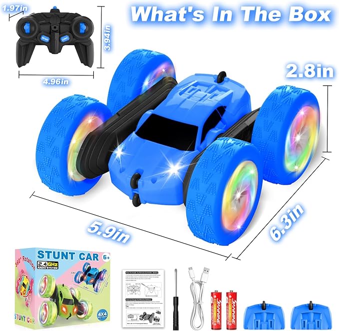 Remote Control Car, Outdoor Toys RC Cars for Kids Ages 6-12, 4WD Double Sided Stunt Vehicle with Upgraded USB-C Modular Batteries, 5 6 7 8 9 10+ Year Old Boy Birthday Blue