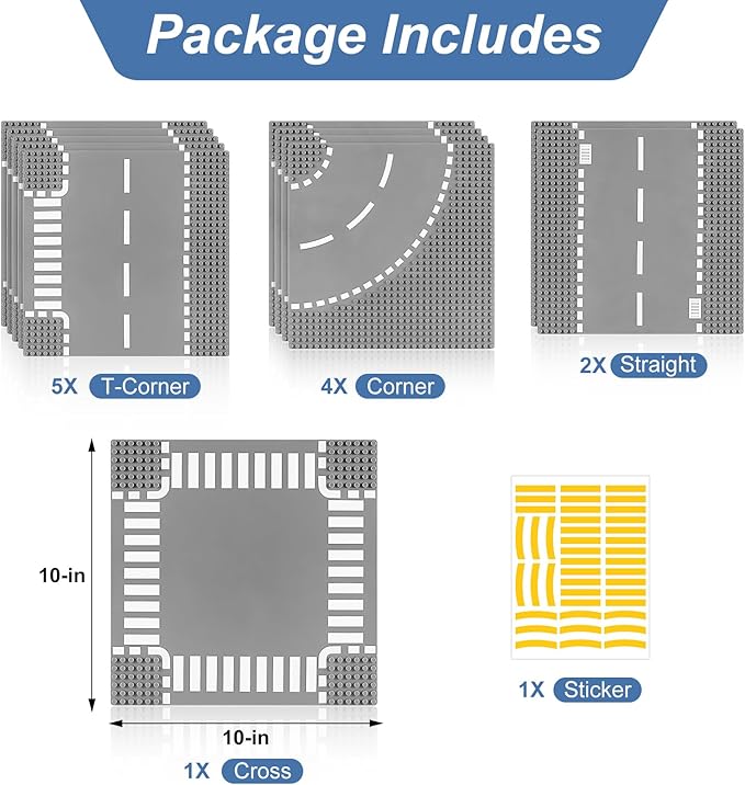 12 Pack Road Base Plates for Building, Compatible with Lego Classic Bricks, 10” x 10” Baseplates Fits for Lego Roads, Road Base Plates for City Sets (Attached DIY Stickers)