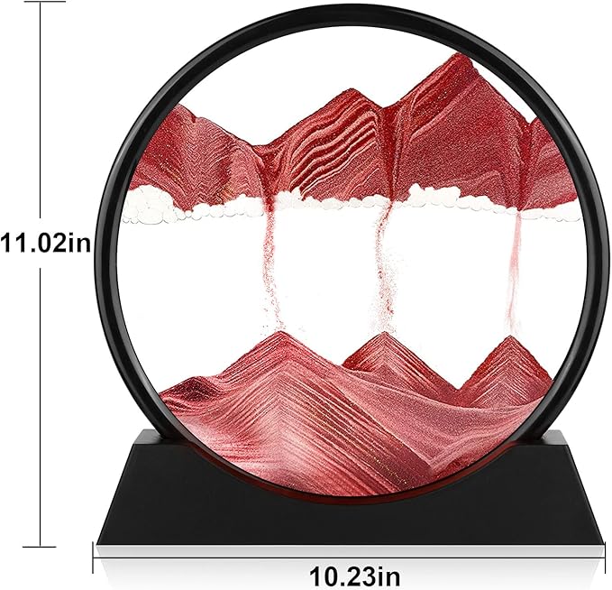 Moving Sand Art Picture - 3D Quicksand Painting Decor - Round Glass 3D Deep Sea Sandscape - Relaxing Home Decoration Desk Toys for Home Office Desk Mantle Bookshelf- (Red, 12 in)