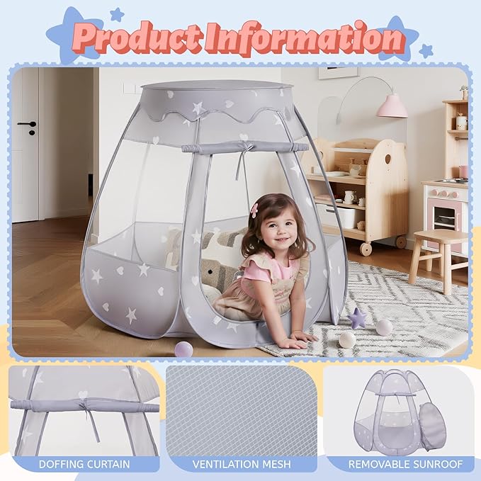 Pop Up Play Tent with Star Light：Neutral Toy for Boy Girl Birthday Gifts, Portable Ball Pit with Outdoor Carry Bag, Collapsible Kids Tent for Toddler Indoor Activity Playhouse, NO Balls(Grey)