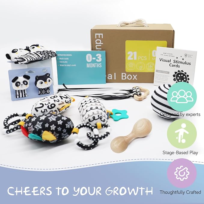vocheer Black and White Baby Toys, 7 in 1 Sensory Toys for Infants, Tummy Time Toy Newborn 0-3 Months Brain Development, High Contrast Baby Cards Infant Montessori Toy Gift