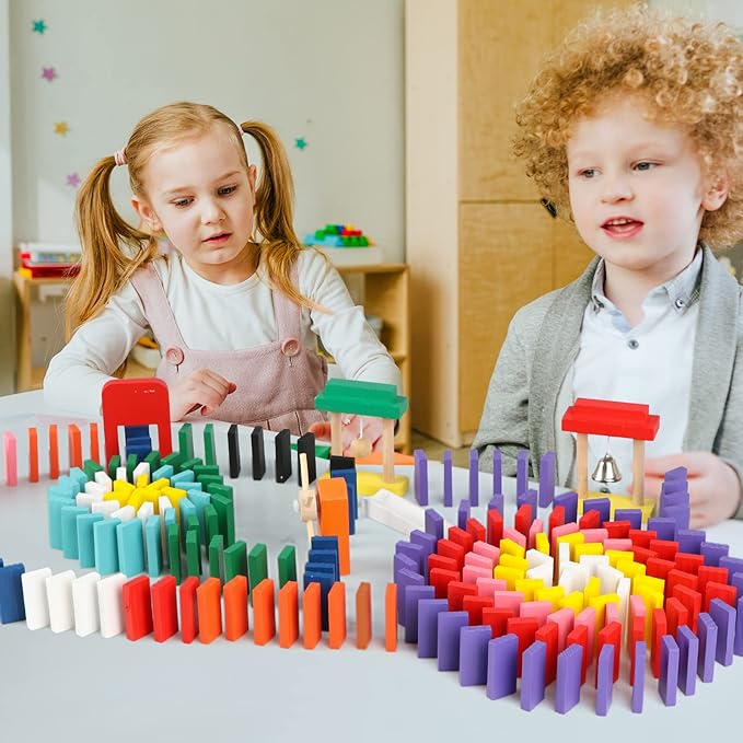 1000 PCS Dominoes Set for Kids with Extra 11 Blocks, Wooden Building Blocks 10 Colors Dominoes Racing Tile Games Educational Toy for Kids Birthday Party with Storage Bag