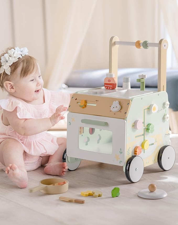ROBUD Wooden Baby Push Walker, Learning Walking Toys, Adjustable Height Baby Walker with Decelerator, Montessori Toys for Baby 10 Months+, WRP24