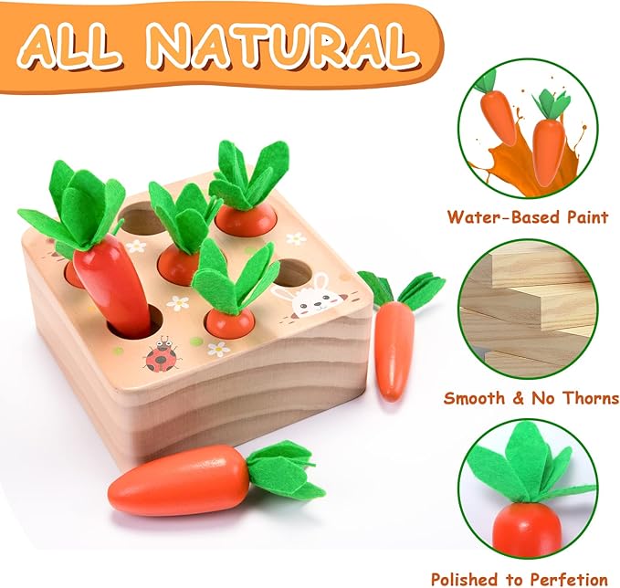 XPIY Montessori Toys for 1 Year Old, Carrots Harvest Wooden Baby Toys for 6-12 Months Educational Shape Sorting Matching Toys for Toddler Fine Motor Skill Development, Gift for Kids Birthday Easter