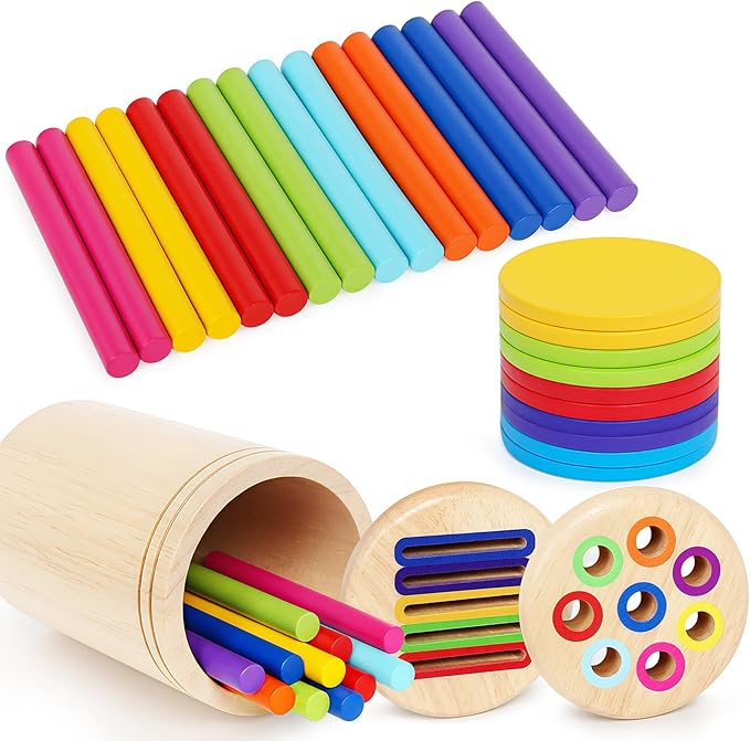 Montessori Toys for 1 Year Old, Color Classification Sensory Toy with Two Wooden Lids for Toddlers Age 1 2 3, Fine Motor Skills Sensory Toys for 18 Month Old boy Girls Gifts