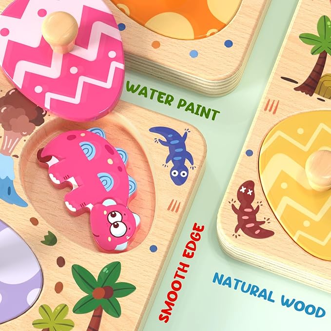 Wooden Puzzles for Toddlers, 8 Pcs Dinosaur Matching Egg Puzzle, Montessori Toys for Boy Girl Easter Birthday Gifts, Preschool Learning Activities & Educational Toys for Boys, Girls