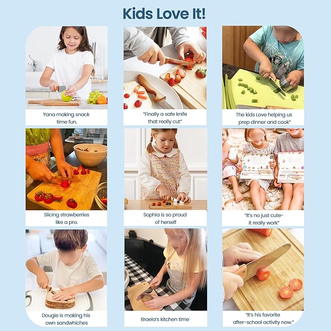 Kibbidea Kids Knife Set for Real Cooking Safe, 4pcs Kids Kitchen Cutting Chopping Knives, Food-grade Stainless Steel Blades, Metal Children First Starter knife, BPA-free Tool (Silver)