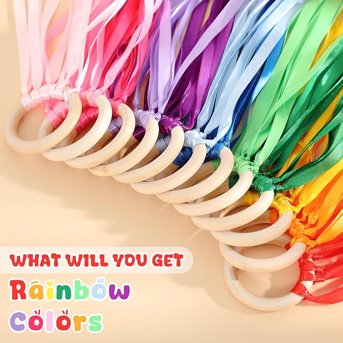 Junkin Ribbon Rings Hand Kite Waldorf Toys Dancing Wrist Ribbons Rainbow Streamers with Wood Ring Educational Toy for Playroom Dancing Birthday Party Gift(Solid Color,24 Pcs)
