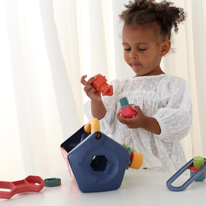 Tolo Bio Tool Box | 14-Piece Kids Engineering Tool Set with Screwdriver, Spanner, Connectors, Screws, Bolts, Nuts & Gears | Educational STEM Toy for Creative Play | Portable with Sturdy Handle
