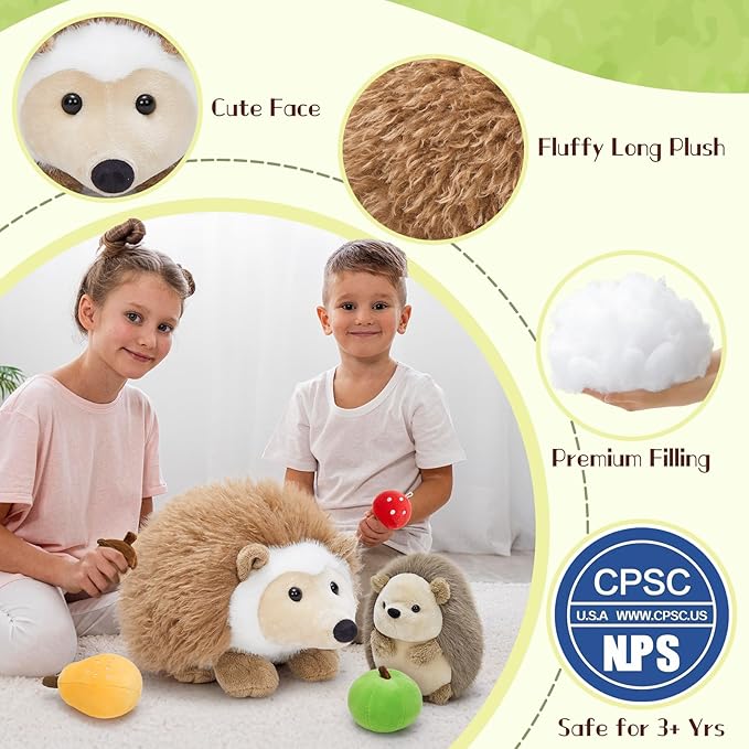 MaoGoLan Soft Hedgehog Plush Toys for Kids 6Pcs Woodland Stuffed Animals Bulk - Large Stuffed Hedgehog with Baby & 4 Fruits Plushies Party Favors Ornaments Gifts Christmas Valentine's Day