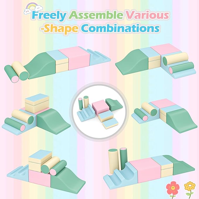 MU Soft Climbing Toys for Toddlers, Soft Foam Climbing Blocks, PU Leather Gym Climb & Crawl Soft Activity Playset, Indoor Climbing Toys Equipment for Kids and Children, Classic Grey, Macaron
