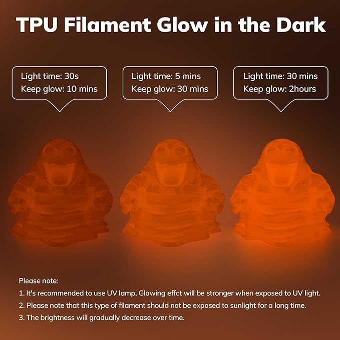 AMOLEN 95A TPU 3D Printer Filament, 1.75mm Glow in The Dark Orange, Soft TPU Flexible 3D Printing Filament, Best with UV Lamps, 1kg Spool, Dimensional Accuracy +/- 0.02 mm, Fit Most 3D Printers