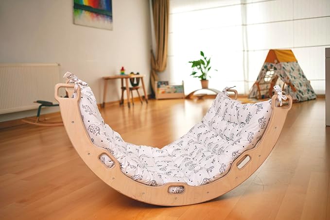 Climbing Arch | Montessori Rocker Arch | Arch with Cosy Pillow | Wooden Climbing Arch with Cushion | Wooden Climbing Arch and Rocker | Indoor Playground Cosy Cushion Rocker (Origami)