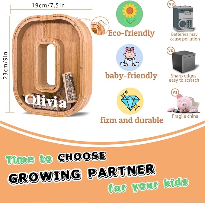 Wooden Letter Piggy Bank for Kids Larger Alphabet Letter Bank for Boys Initial Coin Bank Personalized Piggy Bank Wood Money Save Box for Birthday and Festival-Upgrade 9"" O Piggy Bank