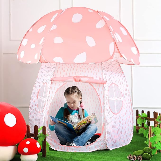 Play Tent for Kids Pop UpTent Indoor Outdoor Boys and Girls Playhouse with Exquisite Design for Imaginative Mushroom Tent by CRAWLBO Patented(Pink/Large)