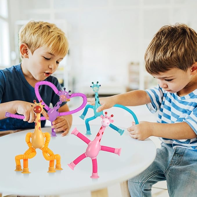4Pcs Giraffe Pop Tube Sensory Toys, Telescopic Suction Fidget Toys for Autism, Toddler Travel & Airplane Activities, 2025 Boy & Girl Christmas Stocking Stuffers Gift Idea