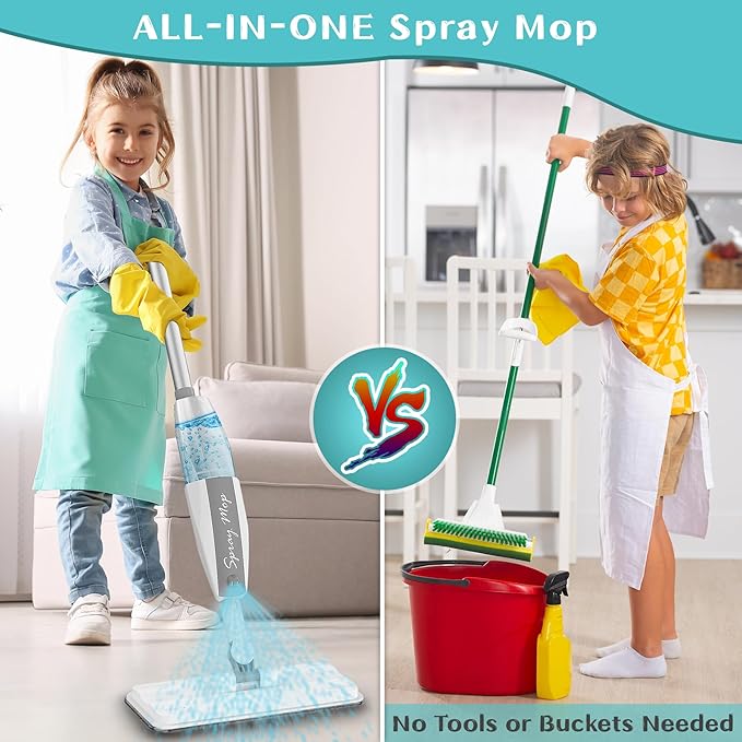 Toddler Cleaning Set That Really Works - Kids Spray Mop - Toddler-Size Small Mop with Real Squeeze Water Sprayer, Detachable Kids Mops, Interactive Cleaning Toys Gift for Boys & Girls