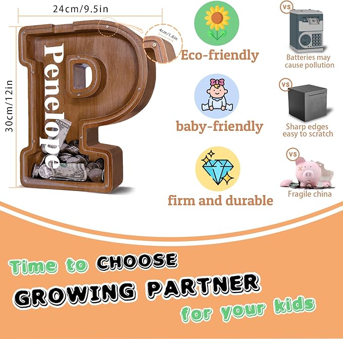 Wooden Letter Piggy Bank for Kids Larger Letter Piggy Bank for Boys and Girls Personalized Piggy Bank Initial Coin Bank Wood Kids Money Bank for Birthday and Festival