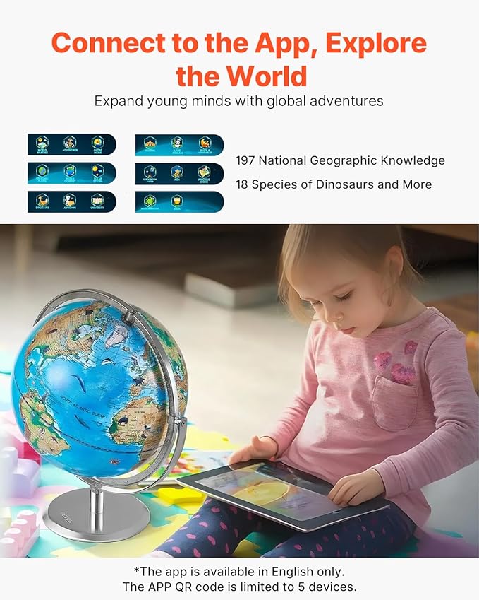 VEVOR Educational World Globe, 10 in/254 mm, Interactive Globe for Kids, with AR Golden APP, 720° Rotation, LED Night Lighting, 197 National Geographic Knowledge, STEM Toy, for Children Ages 4–10