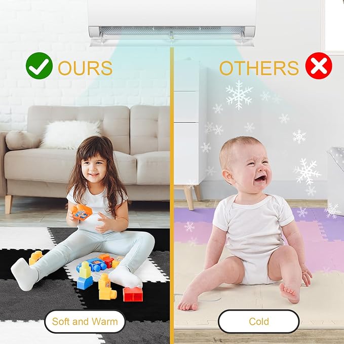 36 Pcs Plush Interlocking Carpet Tiles, Non-Toxic Foam Carpet Tiles for Toddler Baby, Machine-Washable, Anti-Slip, EVA Foam Interlocking Tiles for Floor, Nursery, Playroom, Grey White Black