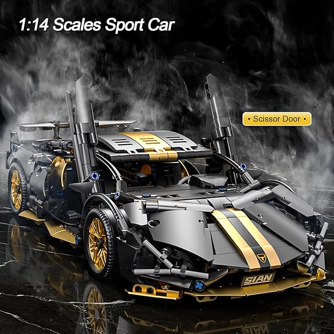 Sport Car Building Block Sets for Adults,Technical Black Race Car Collectible 1:14 Model Scale MOC Engineering Toys Kits Birthday Gifts for Boys Men Teens Car Fans Age 8+ 8-12 12 13 14 14+