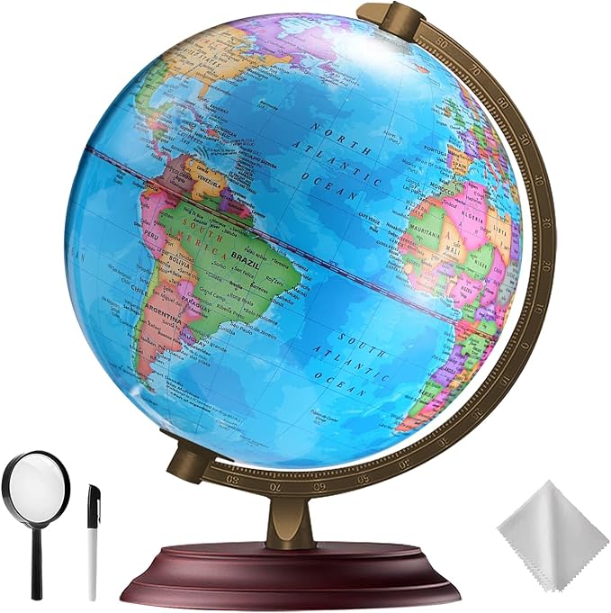 Illuminated World Globe for Kids & Adults All Ages with Wooden Stand 7 in 1- Night View Stars Map Constellation Globe with Detailed Colorful World,Built-in LED Bulb, Educational Gift