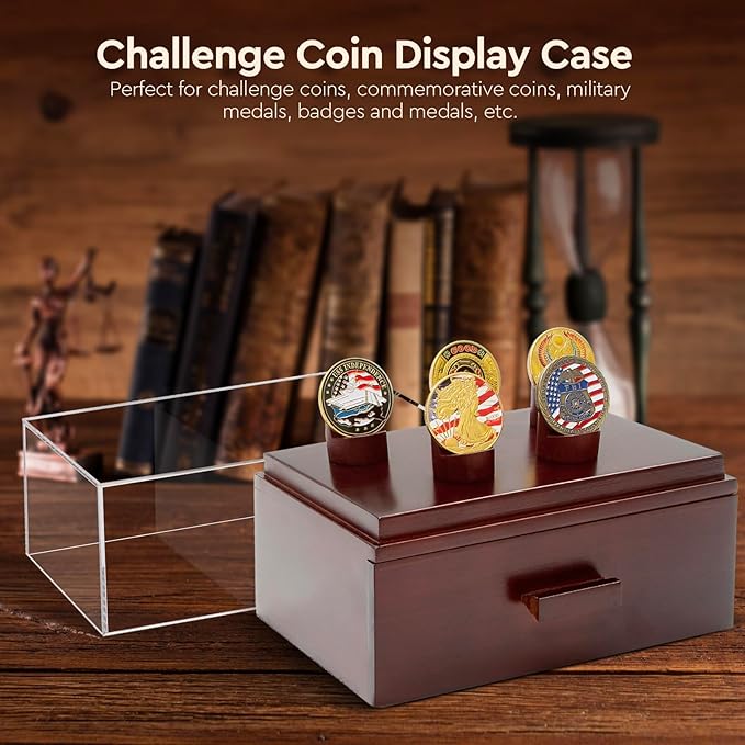 Challenge Coin Display Case, Military Coin Collection Holder with Wooden Coin Box, Drawers, and Clear Acrylic Lid – Gifts for Coins Collectors (5 Pillars)