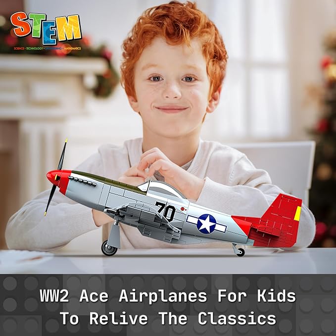 WW2 Military Fighter Jet Airplane P-51 Mustang Air Force Building Blocks Set(580Pcs) Compatible with Lego,Aircraft Toys Building and Military Gifts for Kid and Adult Boys Gift Aged 6+