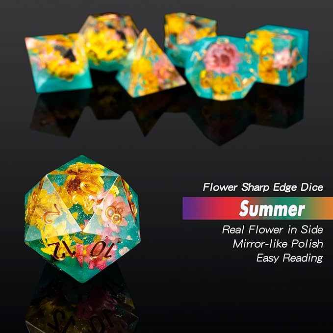 Flower DND Dice DNDND Handmade Resin Sharp Edge D&D Die with Gift Case for D&D Dungeons and Dragon Tabletop Games (Daisy Flower)