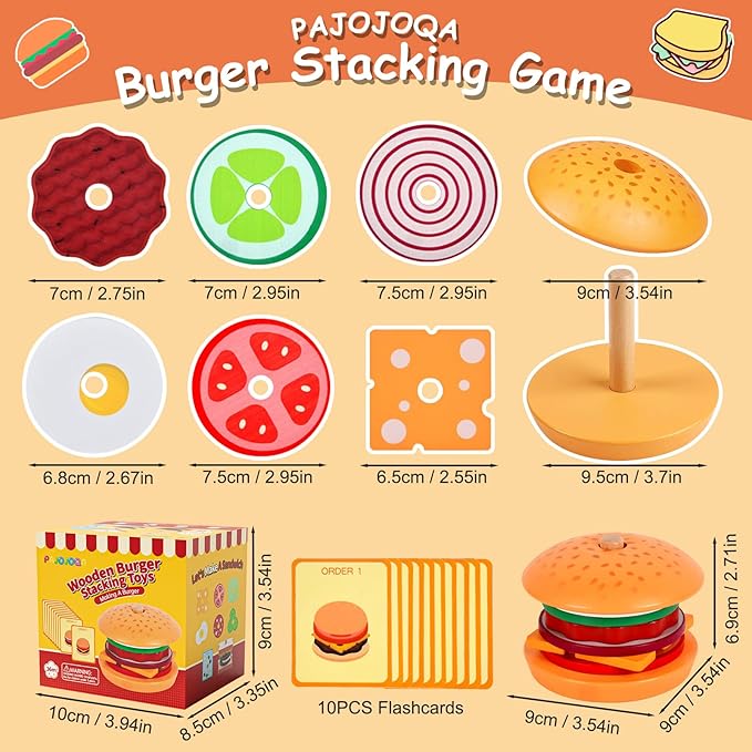 Wooden Burger Toys Montessori Toys for Toddlers Preschool Education Activity Board Game Early-Education Matching Speed Race Pretend Toy Food Back to School (Burger)